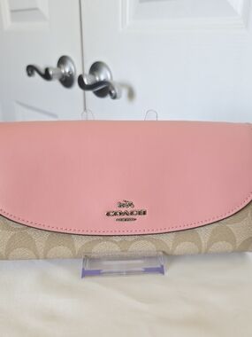 Coach Lt Khaki Blush Pink Leather Flap Signature Canvas Slim Envelope Wallet